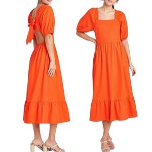 Who What Wear Open Back Tie Puff Sleeve Linen Blend Midi Dress Orange Size XS